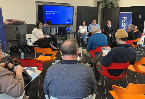 A group of attendees facing the speakers. At the front of the room is a large screen with a PowerPoint slide.